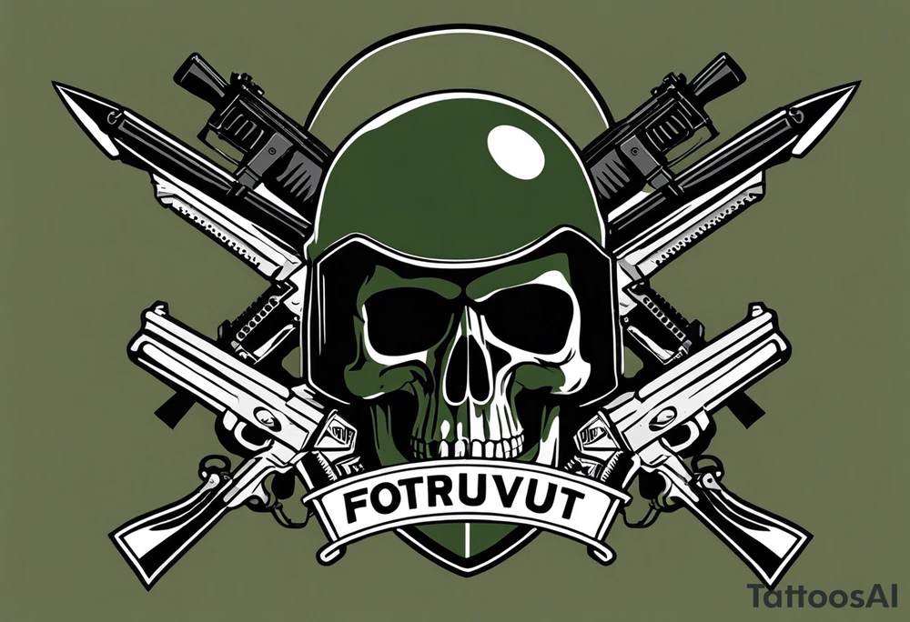 Skull in the center with military elements, such as a helmet, and two crossed rifles behind the skull. Place the phrase "Fortis Fortuna Adiuvat" above the skull in a military-style font. Use a simple background reminiscent of camouflage, keeping a neutral color palette with blacks, greens, and grays, or opt for a classic black and gray style. tattoo idea