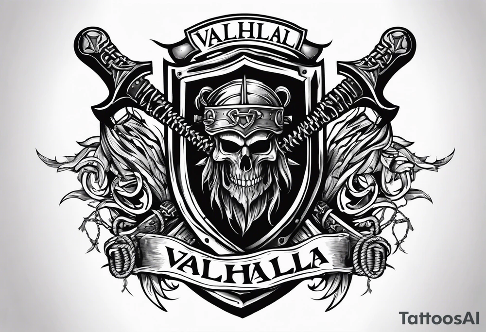 Valhalla sword shield axe barbed wire chains dark cloud tattoo idea