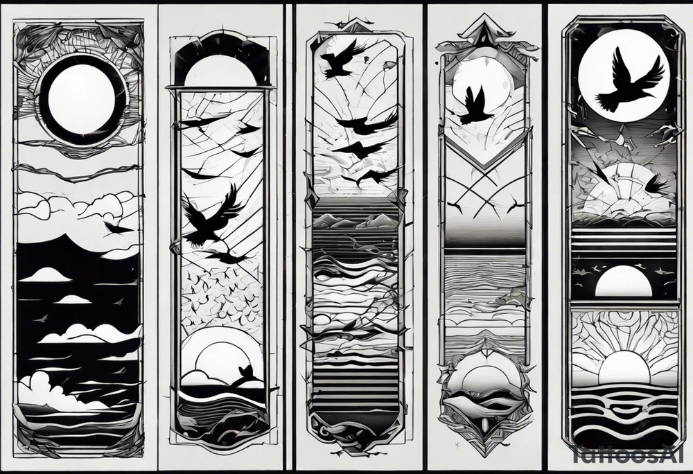 Sunset over the sea with birds flying in a rectangle tattoo idea Sunset over the sea with birds flying in a rectangle tattoo idea