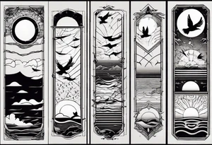 Sunset over the sea with birds flying in a rectangle tattoo idea
