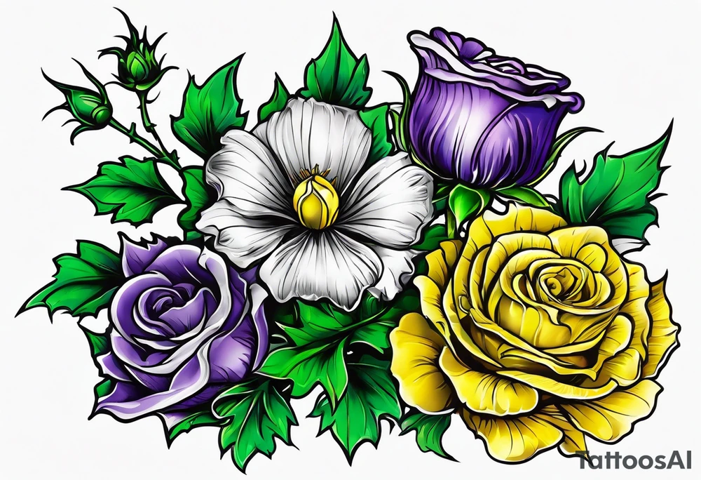 3 flowers, A purple thistle and a yellow rose and a green shamrock, whose stems spell K N D. tattoo idea