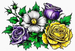 3 flowers, A purple thistle and a yellow rose and a green shamrock, whose stems spell K N D. tattoo idea