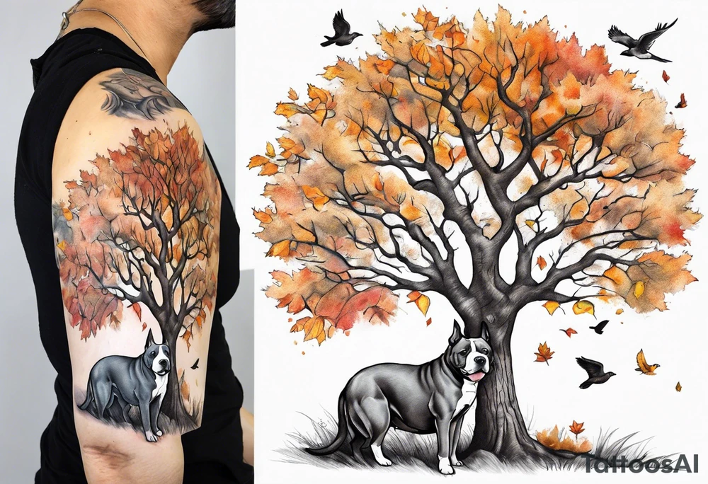 Autumn tree with a pit bull medium size grey brindle dog sitting under it and to the right facing it looking up and birds flying from the top right of the tree far view and full tree tattoo idea