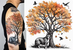 Autumn tree with a pit bull medium size grey brindle dog sitting under it and to the right facing it looking up and birds flying from the top right of the tree far view and full tree tattoo idea