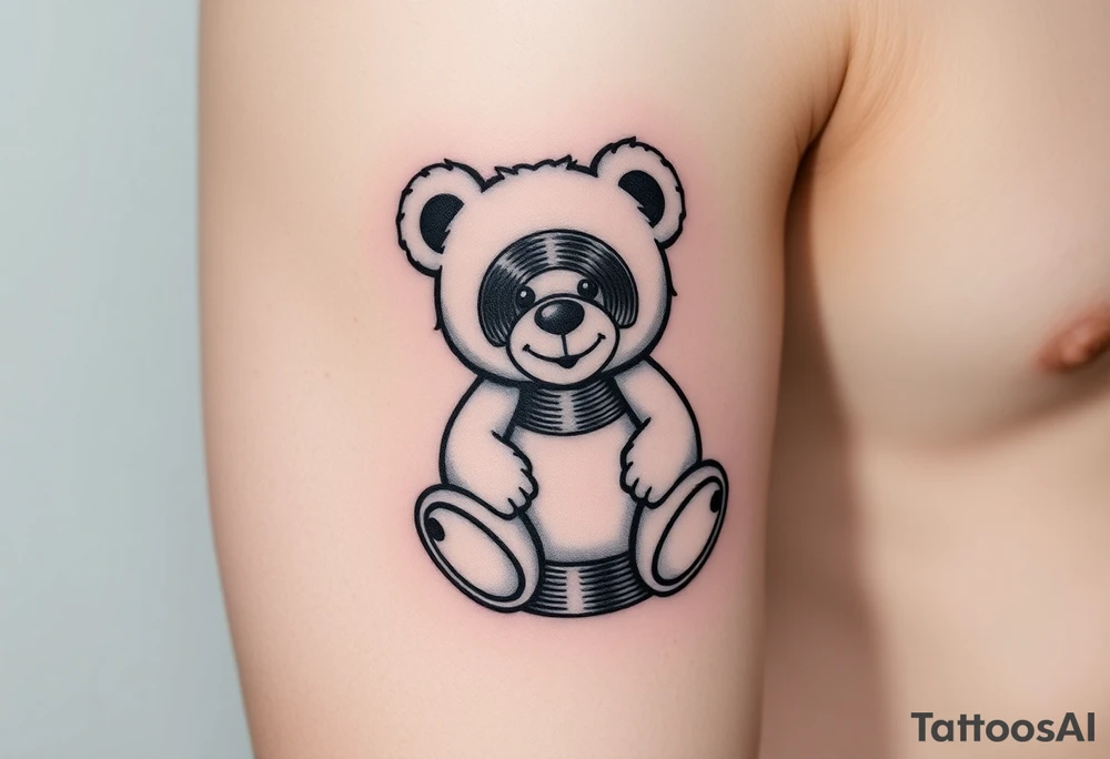 minimalist teddy bear with vinyl records as eyes smiling and sitting on a record tattoo idea