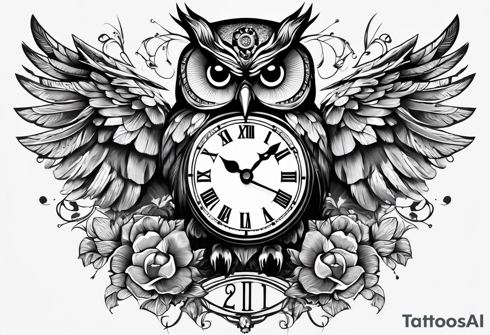 owl with a clock and skull
wisdom and new life tattoo idea
