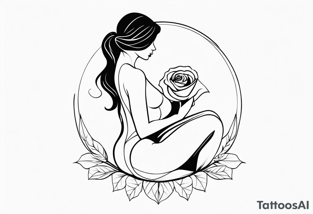 Bloomed rose with female body, kneeling tattoo idea