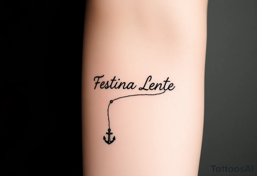 A small, minimal conceptual tattoo for the inner arm.
The phrase “Festina Lente” is not written traditionally; instead, the entire text is formed subtly from a single thin rope.
At the lower end of the rope, a small anchor is attached and appears embedded into the skin, symbolizing patience and stability.
At the opposite end, the rope is being pulled by a very small, minimal, symbolic devil silhouette representing haste.
The rope naturally twists and curves to form the letters of “Festina Lente”, so that at first glance it looks like an abstract rope composition, but upon closer inspection the text becomes readable.
Highly refined, modern calligraphic flow created by the rope itself, elegant and understated.
Black ink only, ultra-fine line work, minimal shading, strong use of negative space, contemporary 2026 tattoo style.
No traditional tattoo elements, no bold outlines, no old-school style, no decorative ornaments.
Clean, intelligent, subtle storytelling tattoo suitable for a small inner-arm placement. tattoo idea
