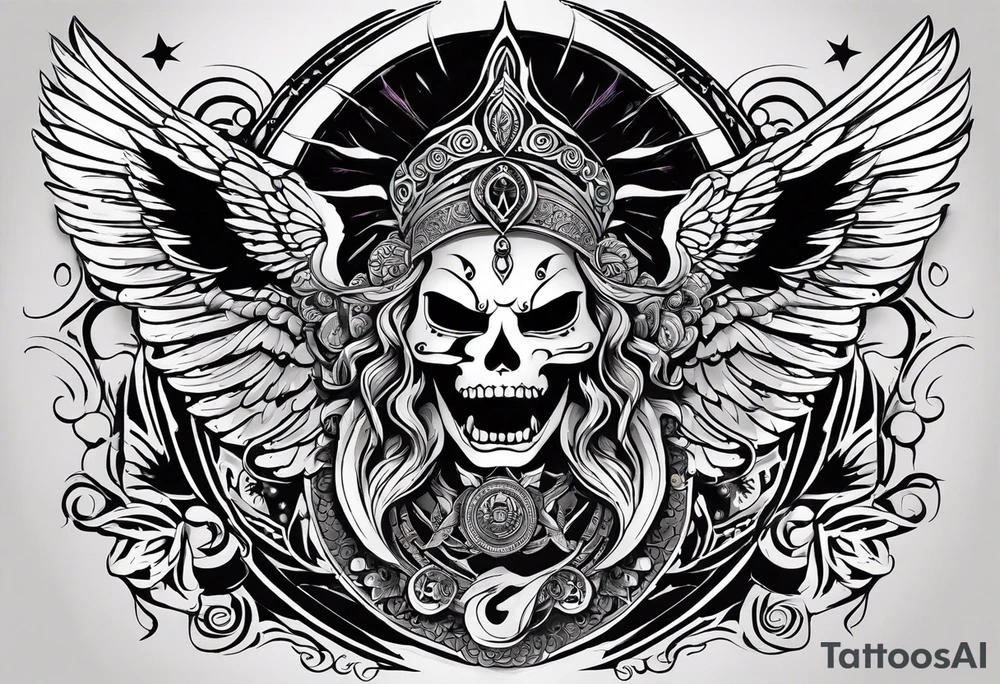 black kali, goddess pirate, alien, angel, pachamama, valkrye, warrior, flying, skull, lotus azul, wing, eagle, zenza resonance, stars, 5D, anahata chakra, death, durga, riding on a tiger, flying lady tattoo idea