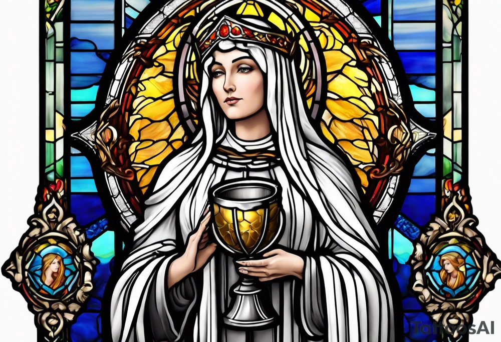 holy saint woman with halo stained glass holding a chalice with artillery tattoo idea