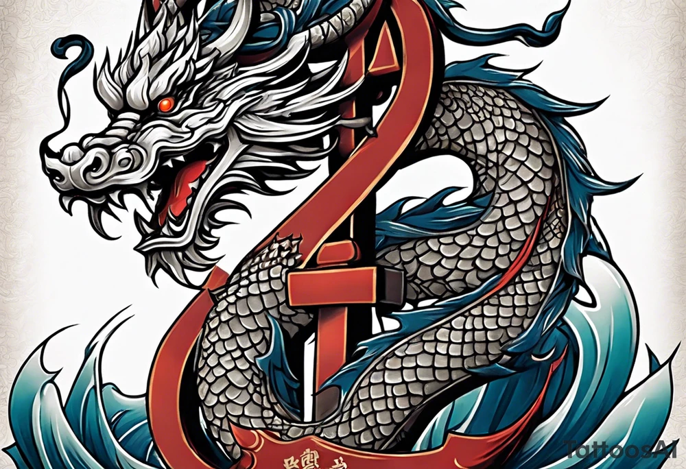 Asian dragon wrapping around a ship anchor centered on the Korean flag tattoo idea