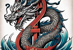 Asian dragon wrapping around a ship anchor centered on the Korean flag tattoo idea