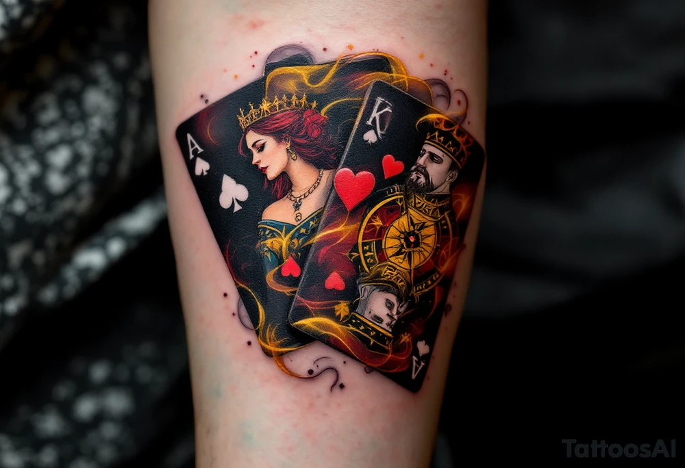 A playing cards tattoo showing the ace of spades, queen of hearts, and king of clubs fanned out in rich black, deep red, and golden-yellow ink, with realistic card textures, subtle shadowing, and faint smoky wisps curling around the edges for a dramatic, high-stakes vibe. tattoo idea