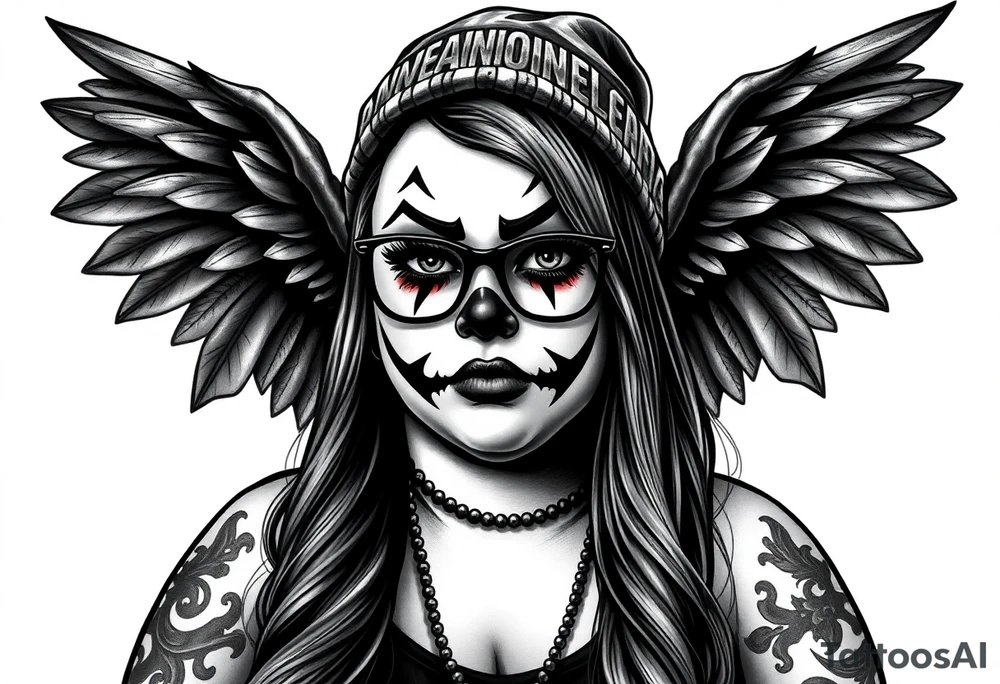 Chicana BBL fat sexy chunky plus size beautiful long hair clown makeup angel wings thug beanie eyeglasses tattoo idea