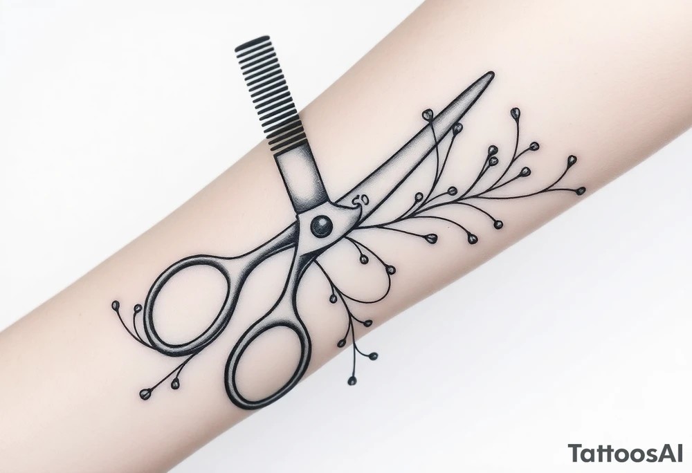 large scissor. with a comb, blow-dryer. then groups of hair bobby pins randomly placed. with vines weaving throughout tattoo idea