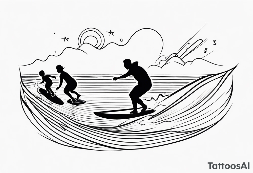 Black and white Line work tattoo depicting a father surfing with his daughters, incorporating musical notes. tattoo idea