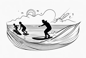 Black and white Line work tattoo depicting a father surfing with his daughters, incorporating musical notes. tattoo idea