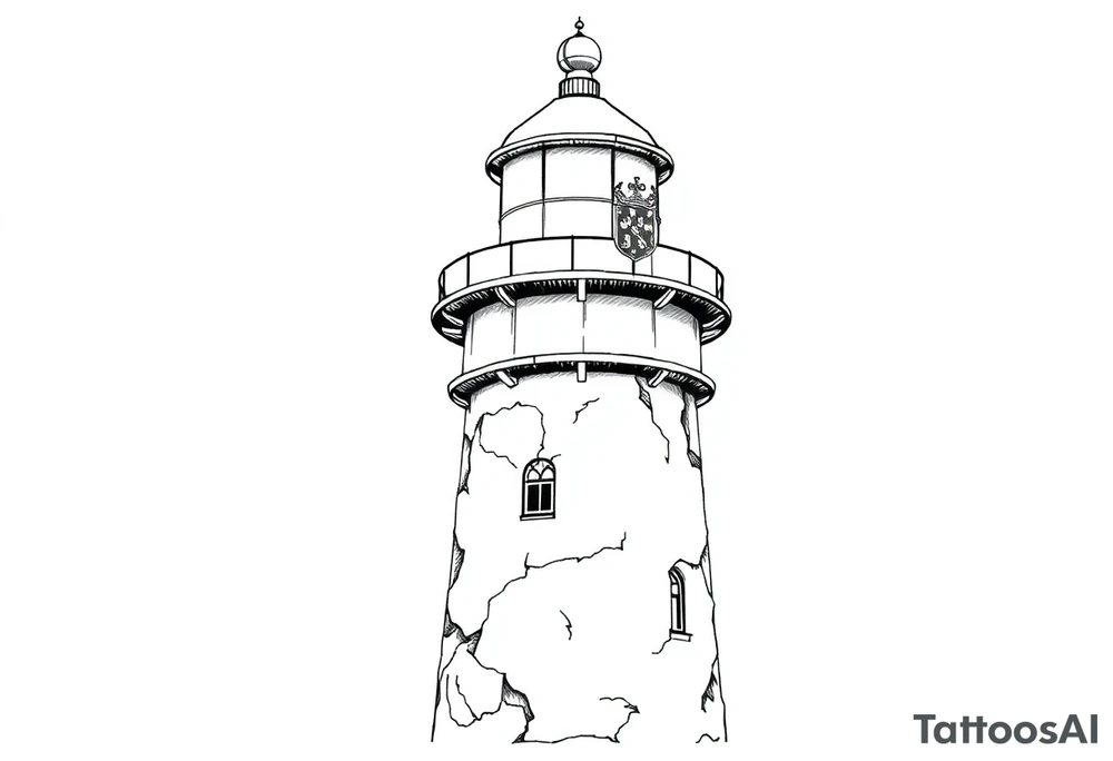 a whole lighthouse with a coat of arms incorporated into the roof tattoo idea