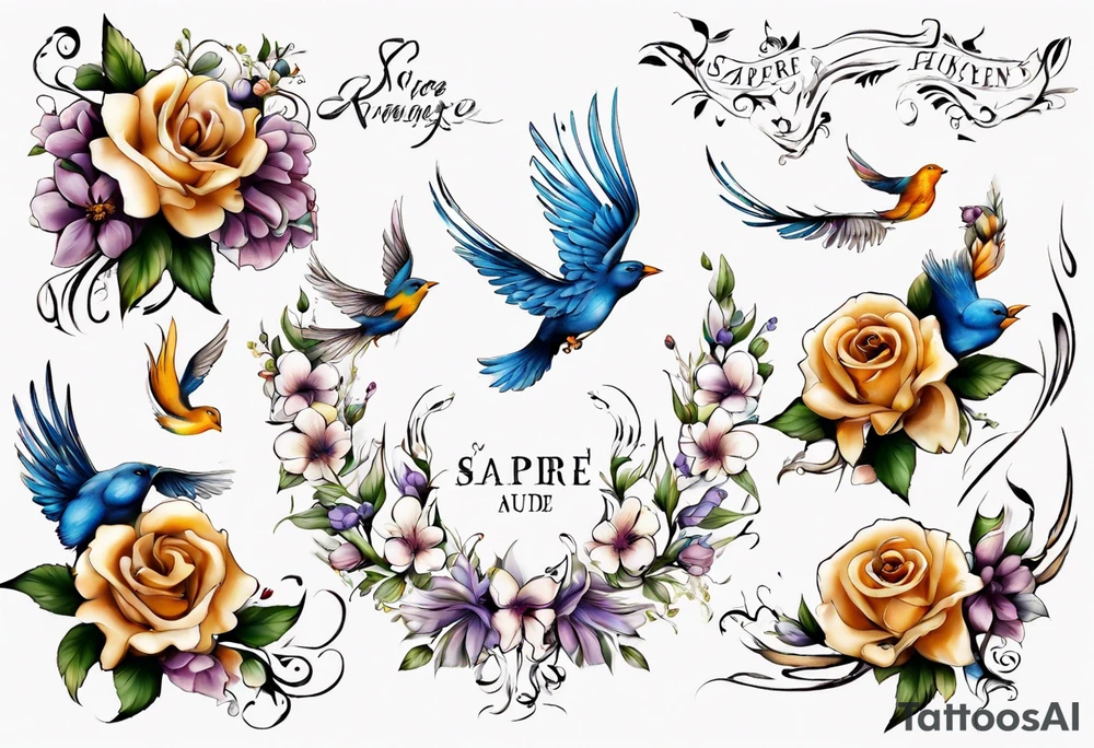 " sapere aude" schrift blumen ranken , vögel, wind tattoo idea