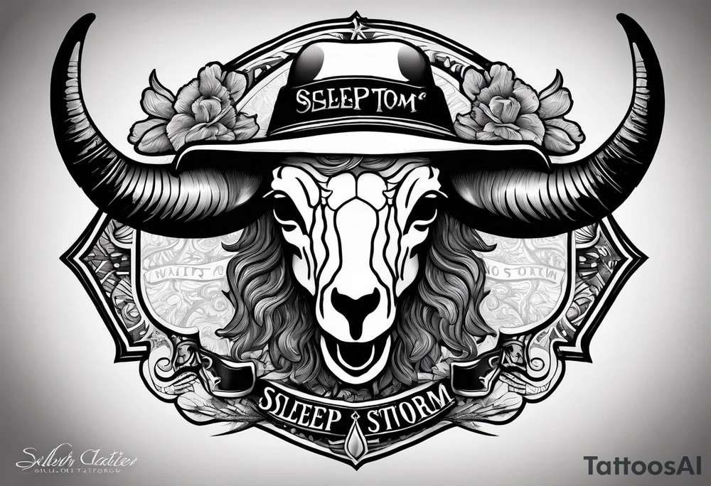A sheep skull with cowboy hat hanging off the end of one of the horns and the words sleep through the storm tattoo idea
