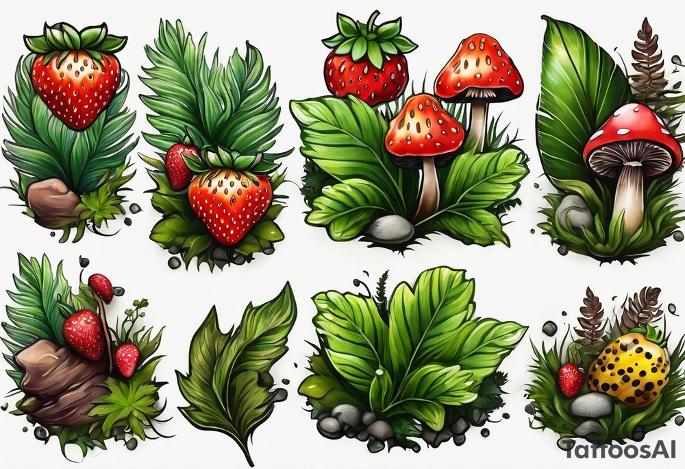 forest floor inspired realistic tattoo, which includes grass, curly ferns and dead leaves as the bulk of the tattoo. details to include: three very tiny strawberries, a tiny bumblebee flying nearby, three small brown mushrooms tattoo idea