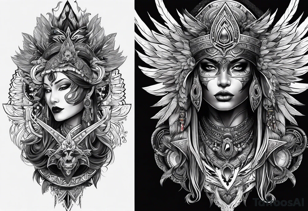 black kali, goddess pirate, alien, pachamama, valkrye, warrior, skull, lotus azul, wing, eagle, zenza resonance, stars, one side chest tattoo idea
