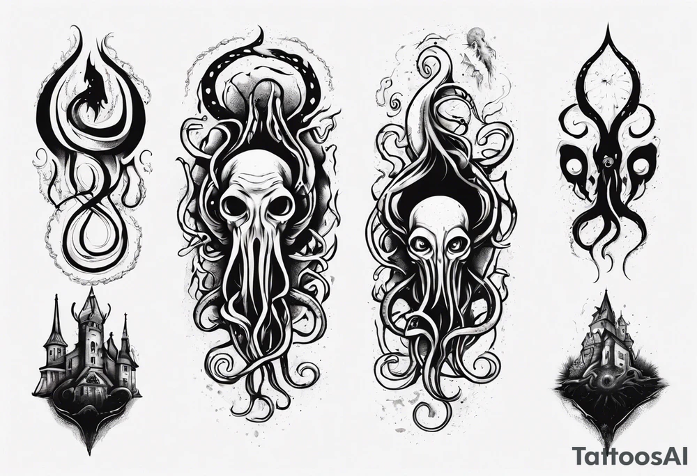 lovecraft long tattoo to put on the forearm, with eye and tentacle tattoo idea