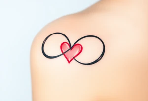 A sleek black infinity symbol intertwined with a delicate red heart, symbolizing everlasting love with a modern touch tattoo idea