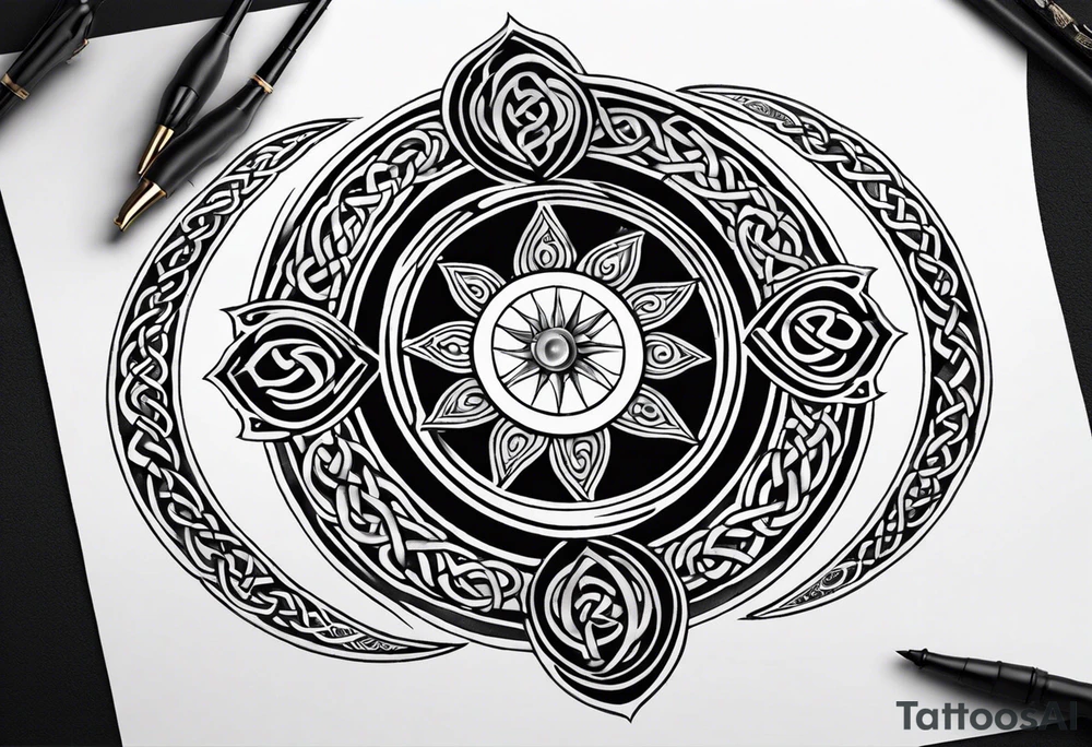 A tattoo in Celtic style with a sun and a moon the tattoo must have a long shape and I want a snake running trough it tattoo idea