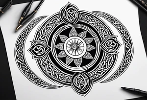 A tattoo in Celtic style with a sun and a moon the tattoo must have a long shape and I want a snake running trough it tattoo idea