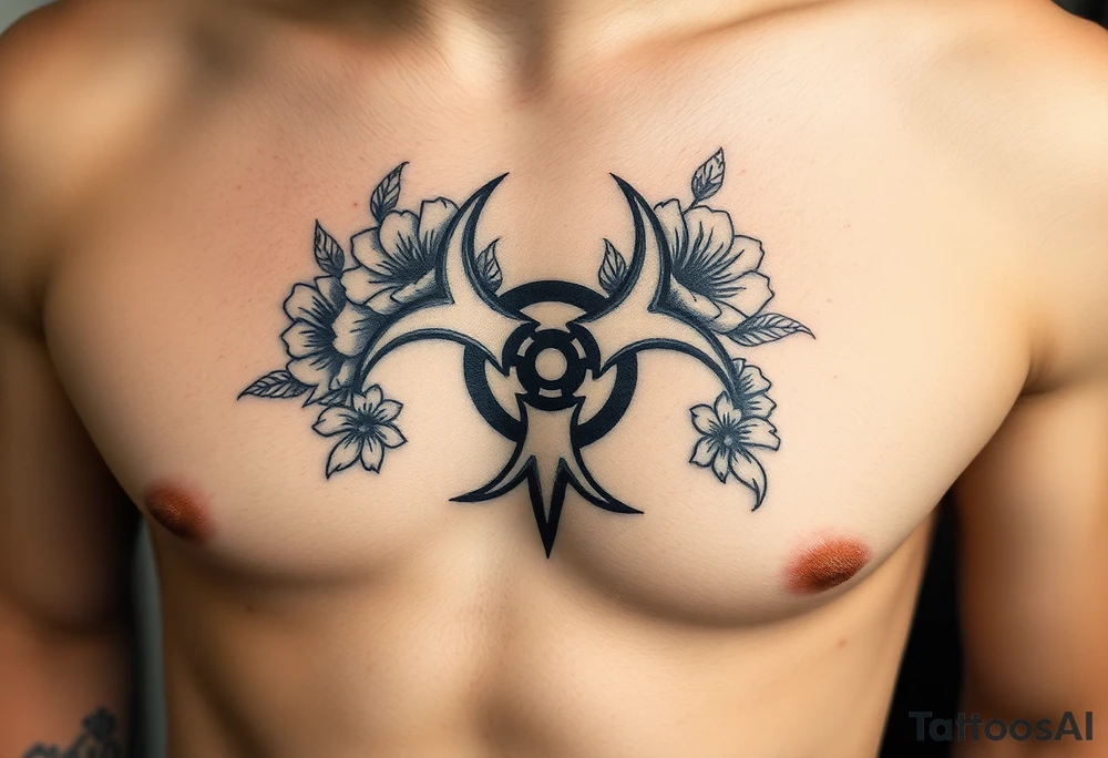floral biohazard symbol in old school style black ink.
tattoo placed on stomach tattoo idea