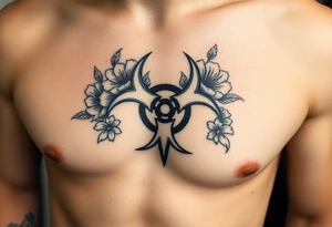 floral biohazard symbol in old school style black ink.
tattoo placed on stomach tattoo idea