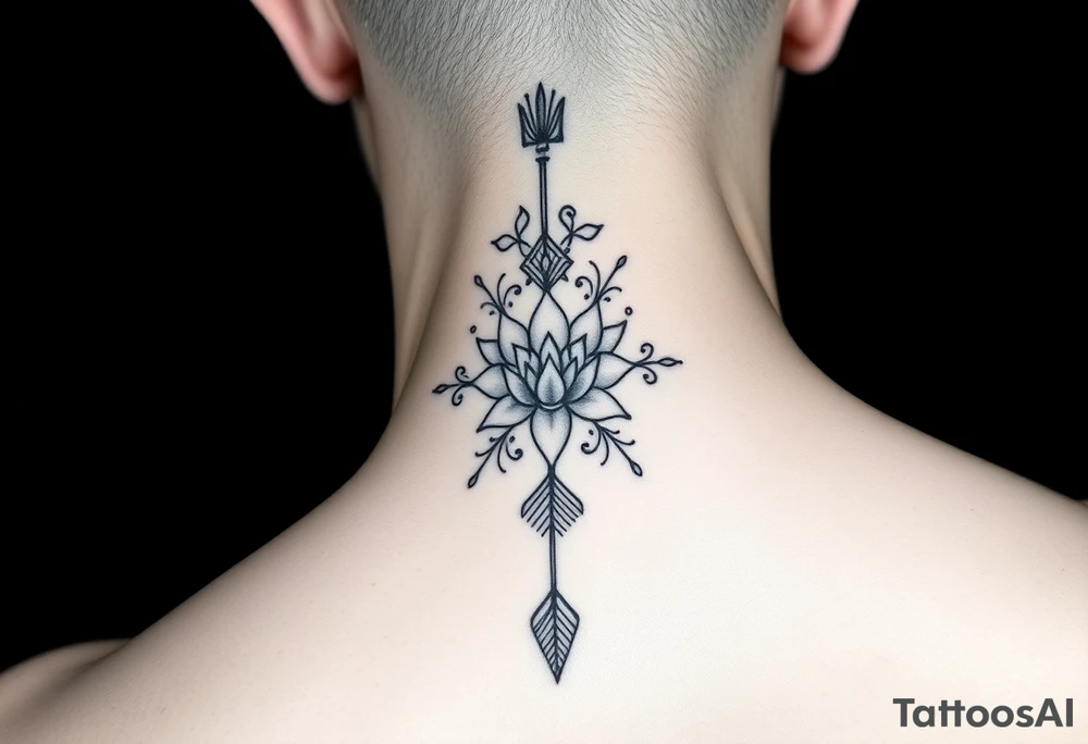 spine tattoo design with symmetrical ornamental patterns, combining dotwork, mandala elements, and flowing lines that follow the natural curves of the body. The design is intricate and balanced. to cover up a dark arrow with lotus flower in middle tattoo idea
