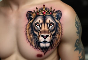 A hyper-realistic Czech lion’s face with piercing red eyes, fur detailed with soft shading, and a golden crown with ruby accents. tattoo idea