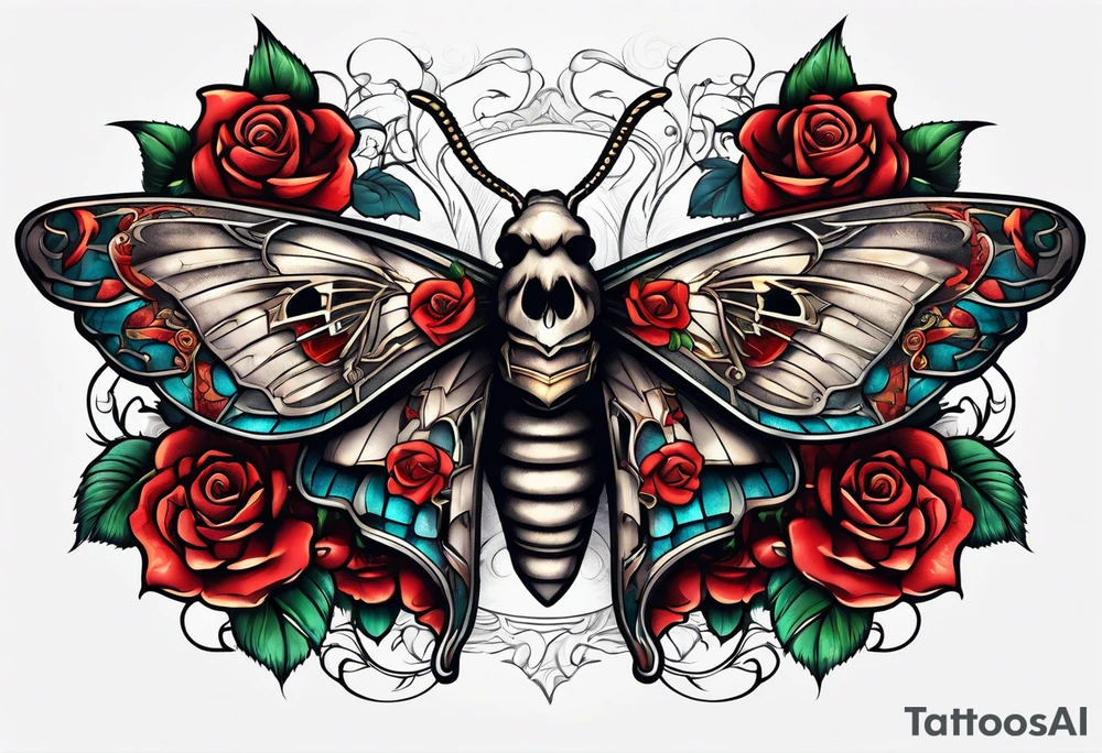 Moth with skull inside it and thorns and roses around it tattoo idea