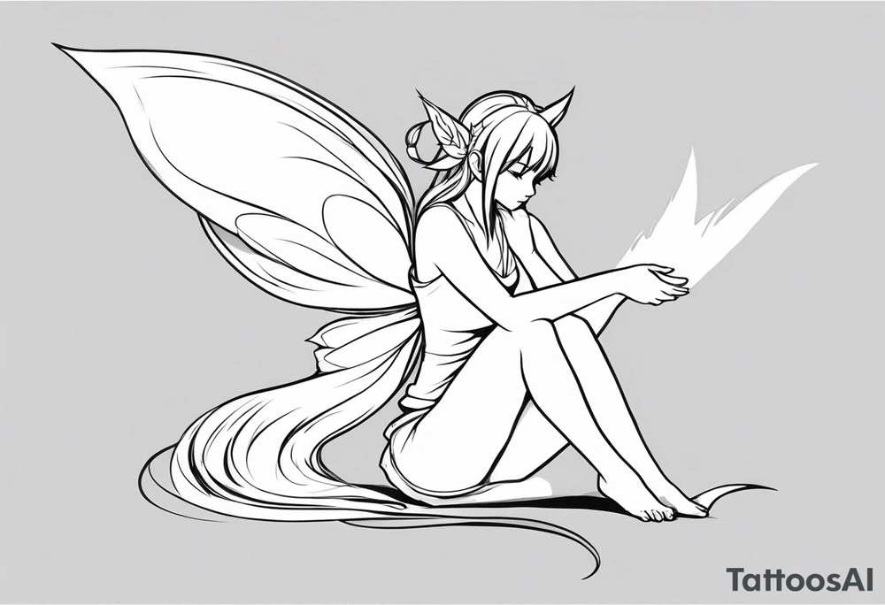 No color sideways sketch of a fairy with a tail inspired by the guild symbol in the anime show called Fairy Tail in a fetal position leaning forward while crawled in with hands a bit forward and her body is an angle while floating in the air with big wings tattoo idea