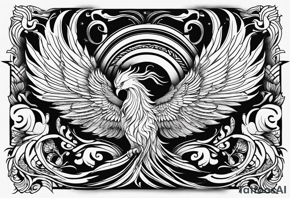 Tattoo: A powerful, majestic phoenix, depicted mid-flight or rising, with wings extended and feathers flowing. Deep shading and intricate details to bring out the texture and motion of the feathers. tattoo idea