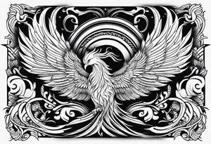 Tattoo: A powerful, majestic phoenix, depicted mid-flight or rising, with wings extended and feathers flowing. Deep shading and intricate details to bring out the texture and motion of the feathers. tattoo idea