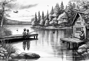 forearm tattoo set on a dock on a lake. There is a little boy sitting next to a little girl. The little boy is fishing and the little girl is reading. There are trees surrounding the lake. tattoo idea