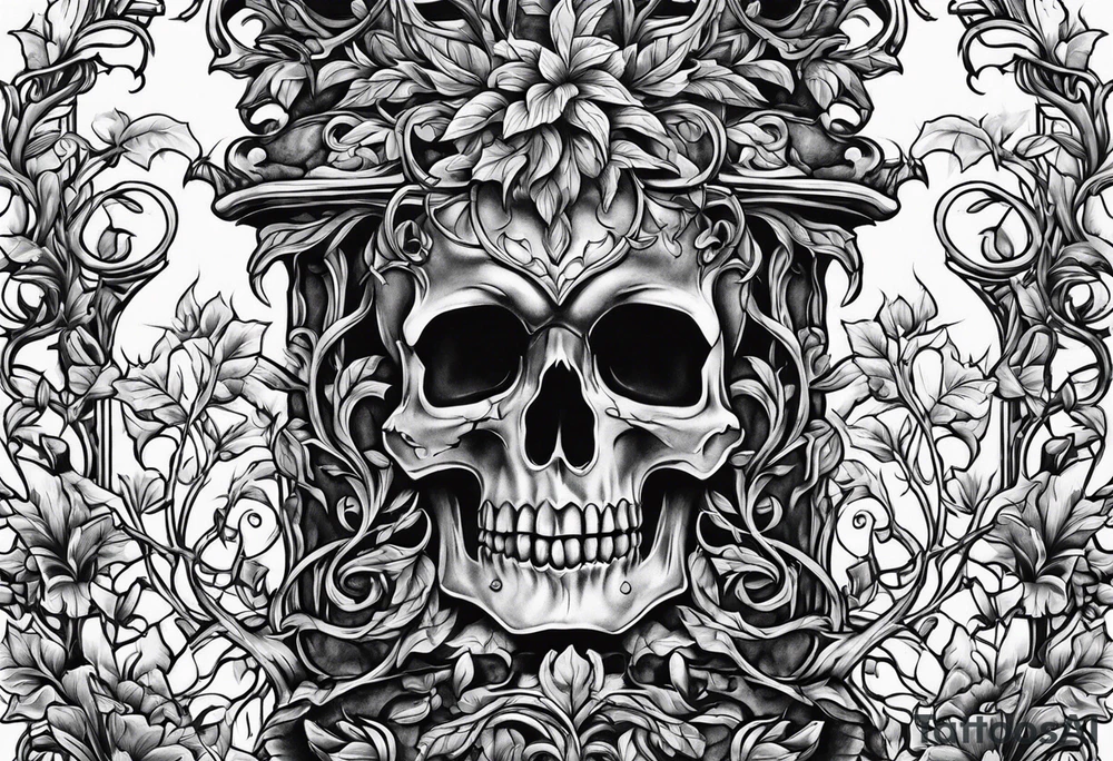 Leafy vines with tombstone tattoo idea