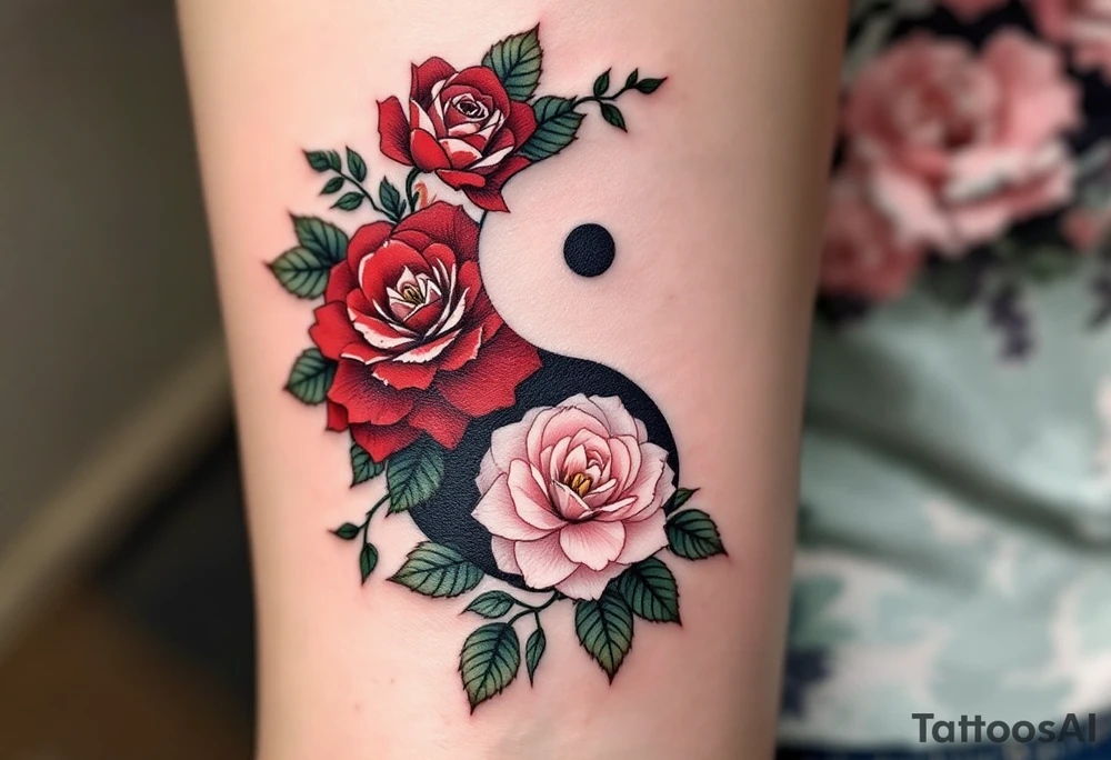 A yin-yang symbol formed from roses and ivy, using deep red, forest green, and soft pinks.
Placement: Shoulder blade or thigh. tattoo idea