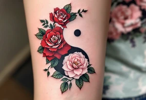 A yin-yang symbol formed from roses and ivy, using deep red, forest green, and soft pinks.
Placement: Shoulder blade or thigh. tattoo idea