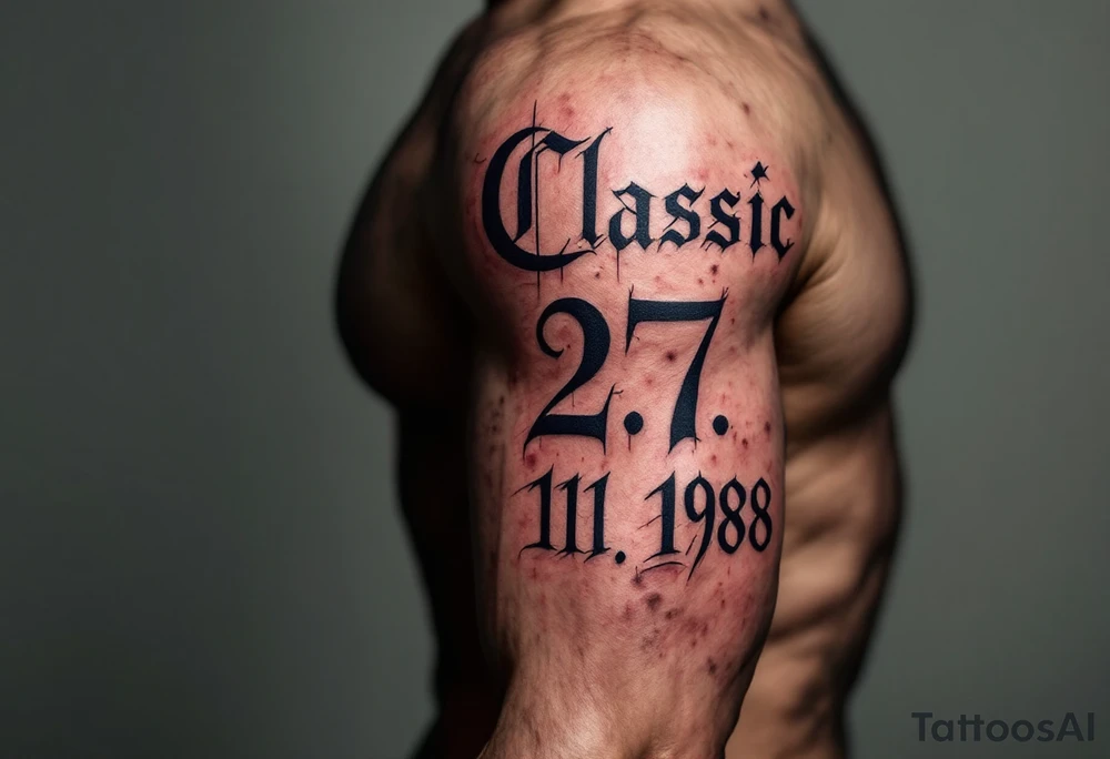 Classic 27.11.1988 carved in Roman numerals with deep navy blue shadows. tattoo idea