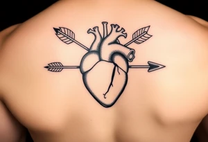 anatomical heart pierced by ornate arrow with flowing ribbons tattoo idea