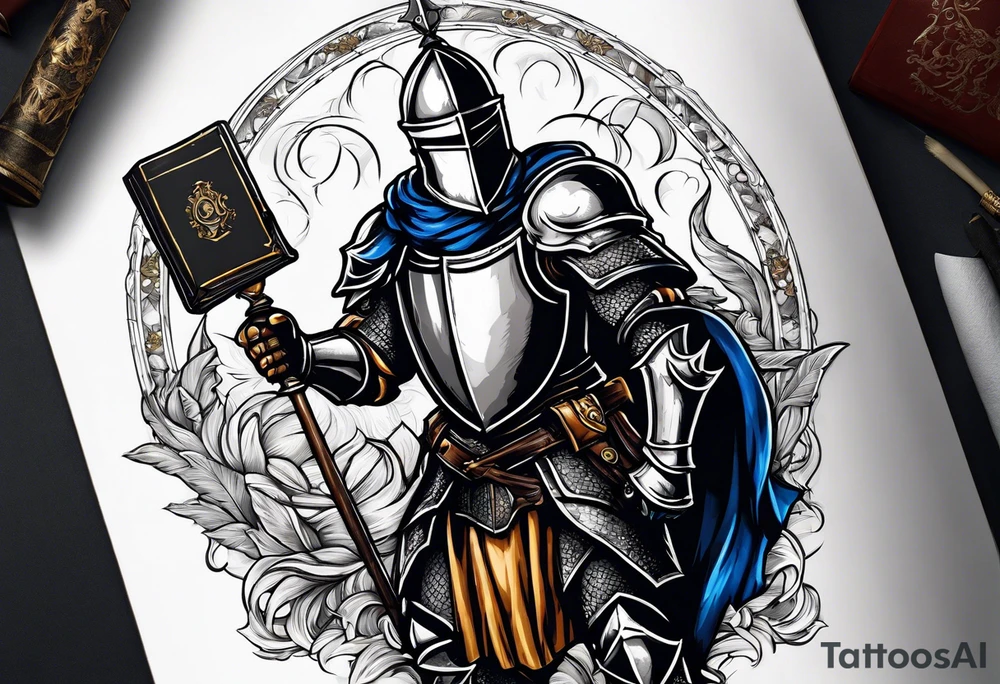 knight holding a bible over his head in combat tattoo idea