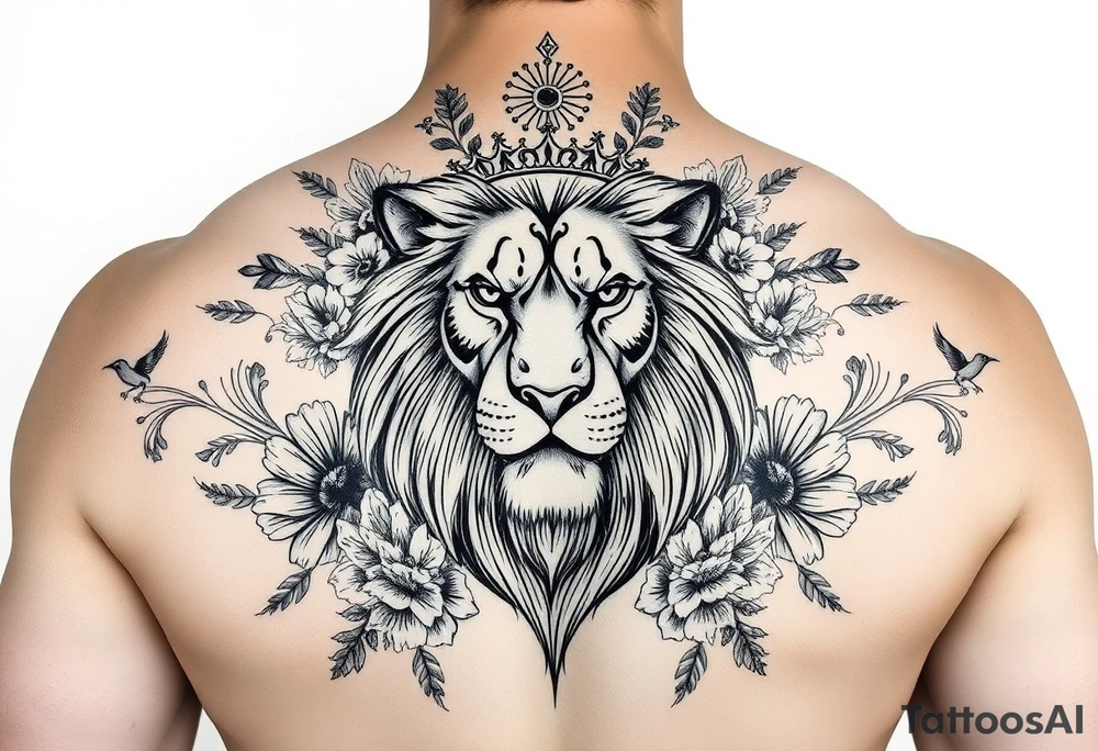 powerful majestic lion with a crown, surrounded by floral ornaments and birds tattoo idea