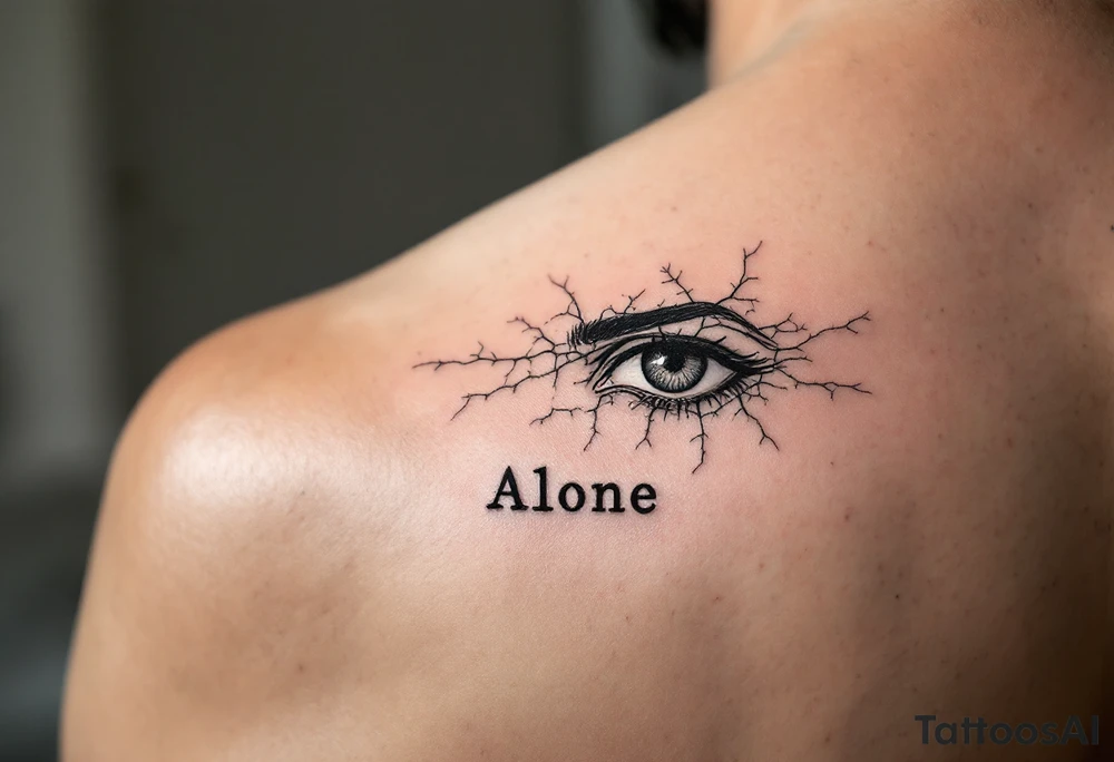 , designed in bold black with a cracked effect, paired with the word "Alone" in distressed serif font under the left. on man face under a man’s right eye. tattoo idea