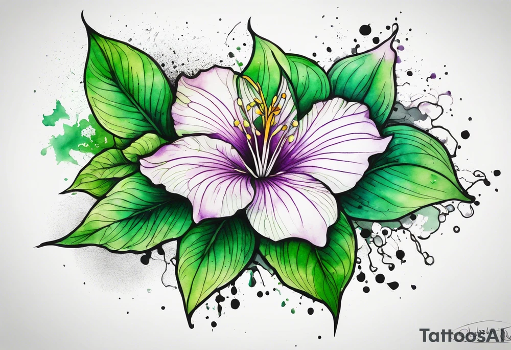 An outline of an only green rio dipladenia flower and a green/purple watercolor splash in the background tattoo idea