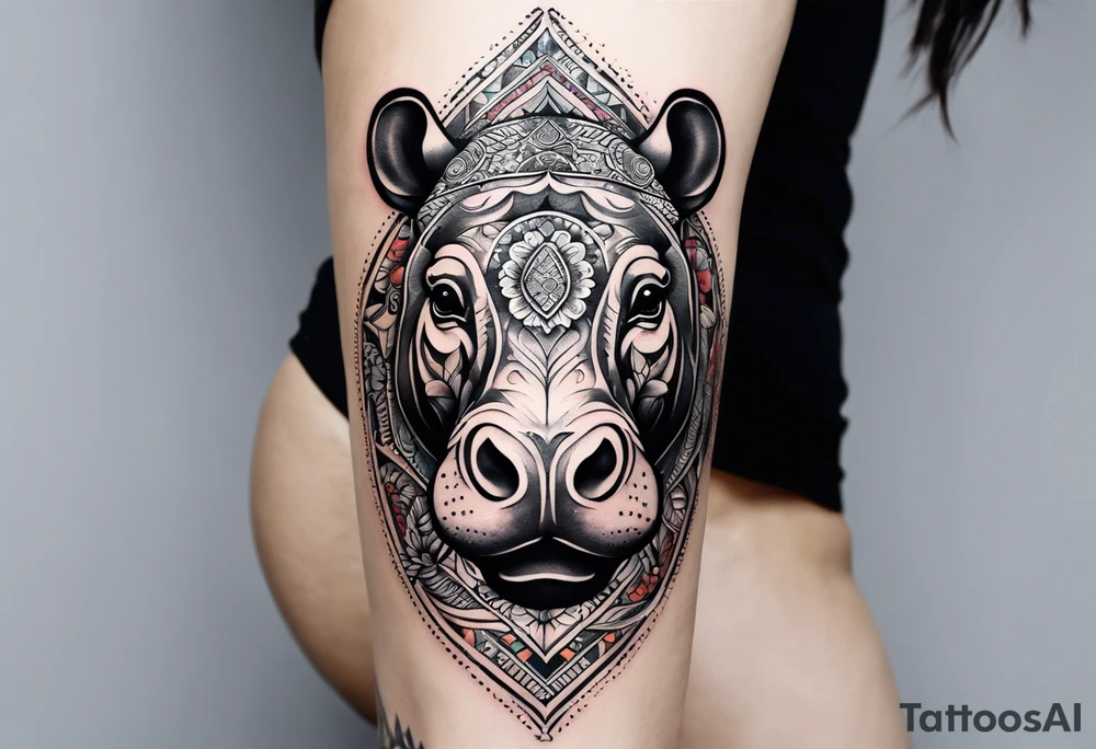 A foot long 2.5inches wide portrait orientation tattoo, containing a detailed hippo head with tribal patterns in the middle, a full moon on the upper side, and some wintersweet flowwer on the bottom side, these three components are connected with arches, lines, little geometric patterns, the lines will ne fine and narrow tattoo idea
