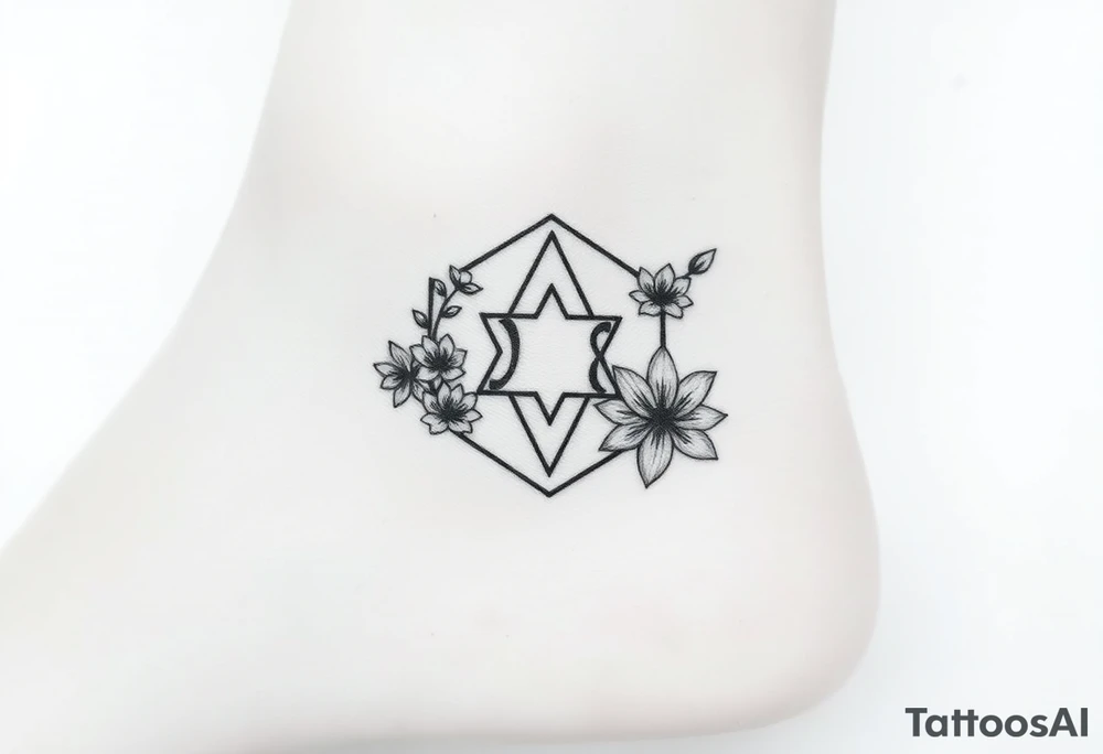Hexagon Leo symbol larkspurs and water lilies tattoo idea